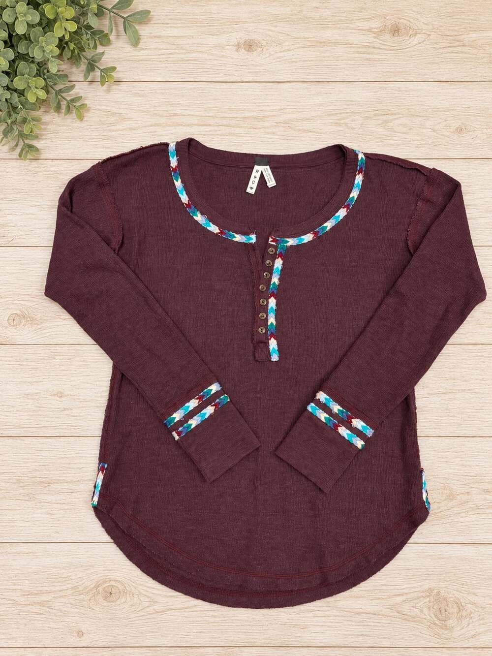 Free People We The Free Burgundy Thermal Henley Top Boho Embroidered Trim Size S